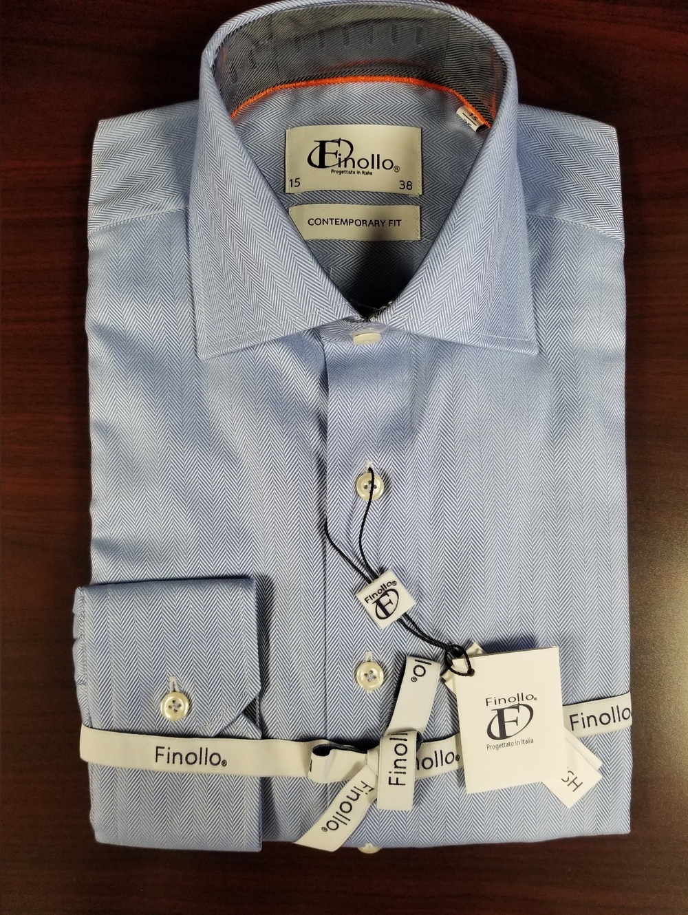 $295 Men's Light Blue Herringbone Dress Shirt - Contemporary Fit
